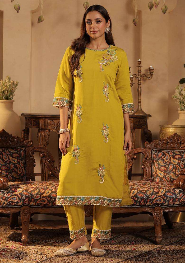 Yellow Embroidered Blended Straight Kurta Set - Indya