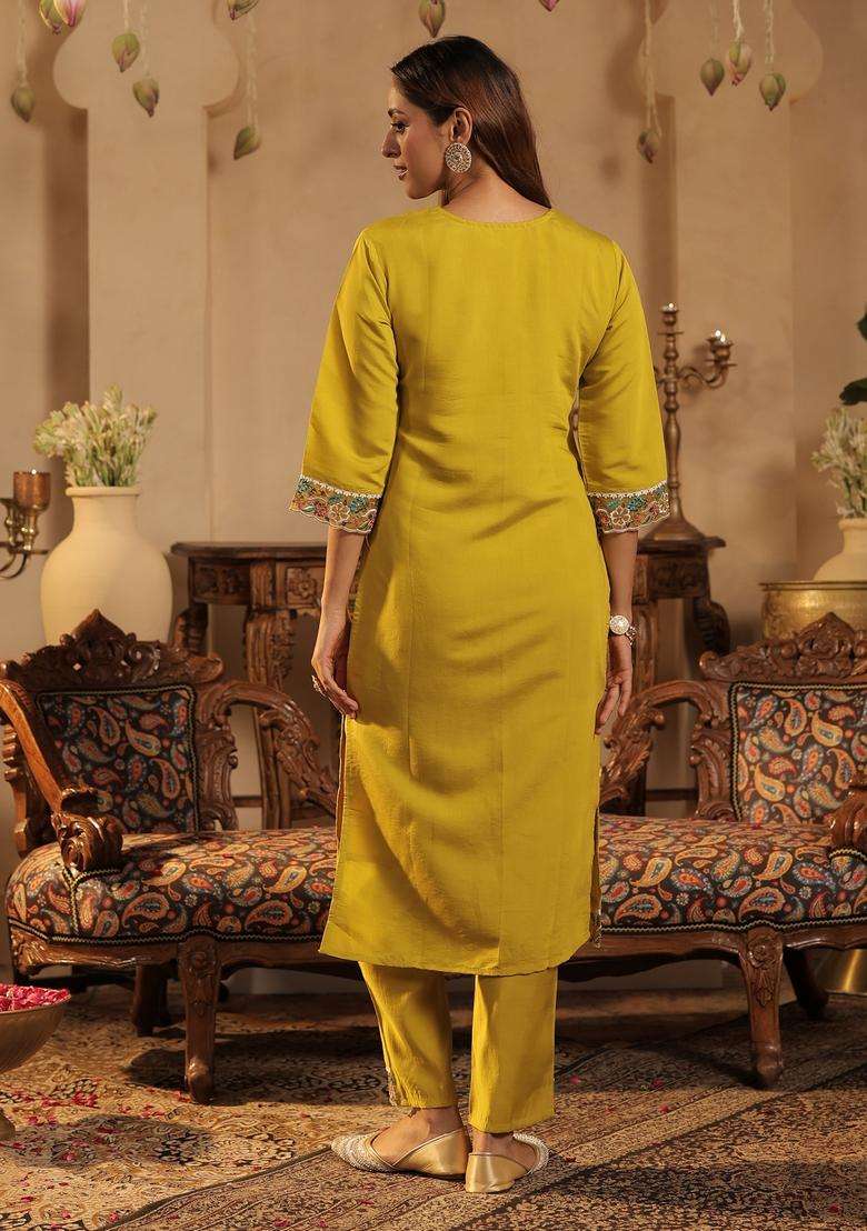 Yellow Embroidered Blended Straight Kurta Set - Indya