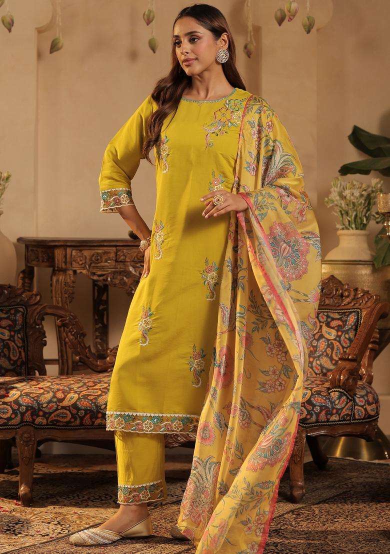 Yellow Embroidered Blended Straight Kurta Set - Indya