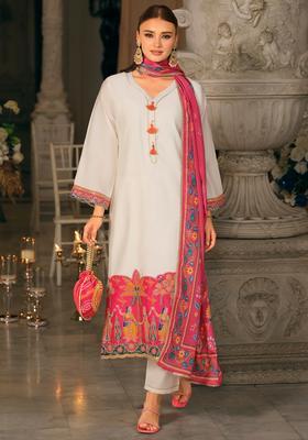 White Embroidery Silk Blend Kurta Set