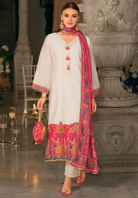 White Embroidery Silk Blend Kurta Set