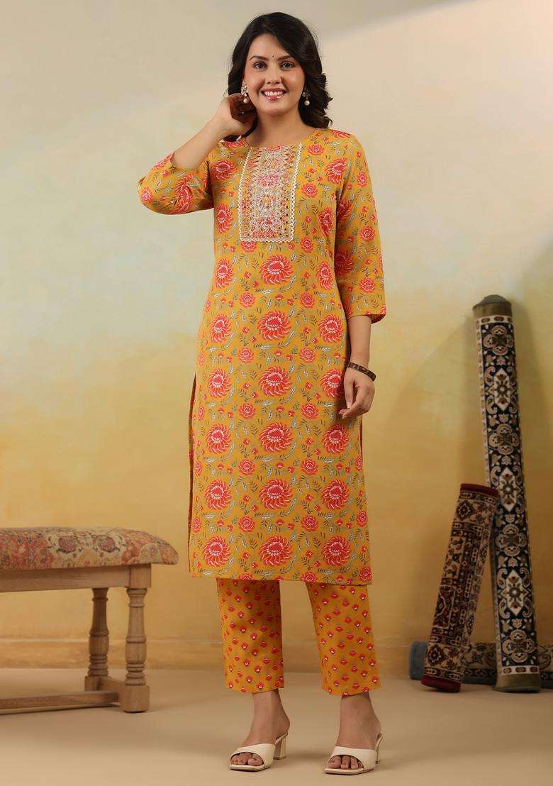 Yellow Embroidered Cotton Straight Kurta Set - Indya