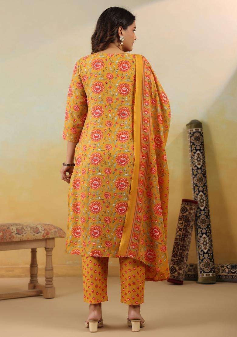 Yellow Embroidered Cotton Straight Kurta Set - Indya