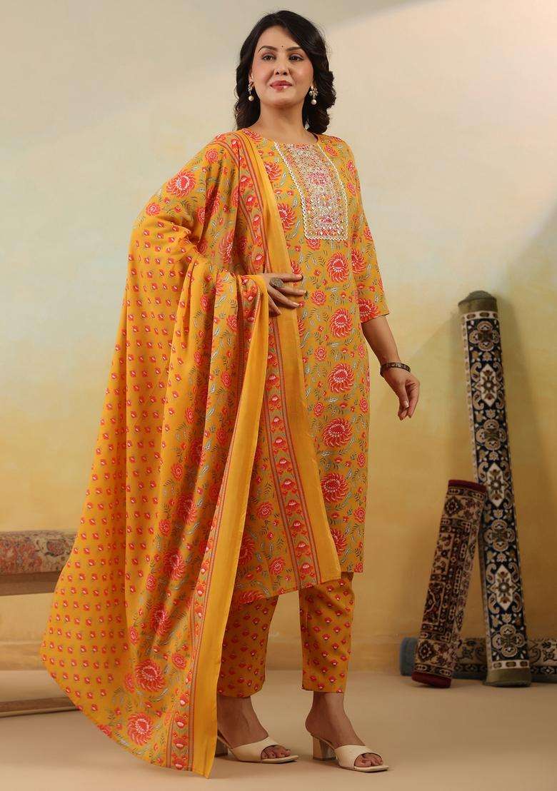 Yellow Embroidered Cotton Straight Kurta Set - Indya