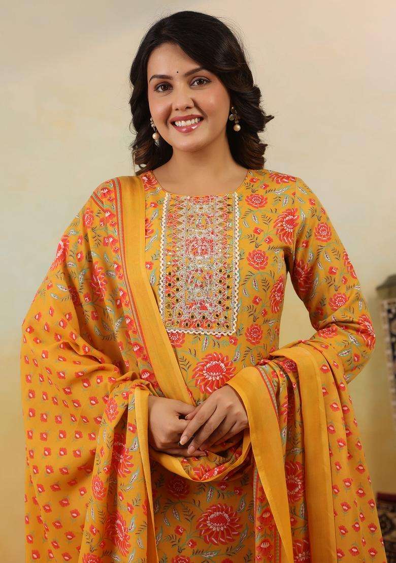Yellow Embroidered Cotton Straight Kurta Set - Indya