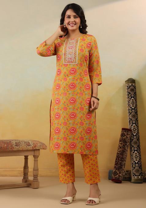 Yellow Embroidery Cotton Kurta Set