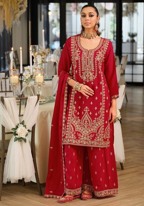 Pink Embroidery Chinnon Kurta Set