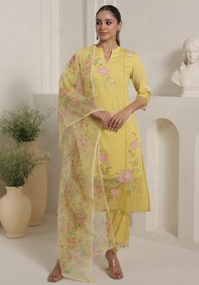 Yellow Embroidery Cotton Kurta Set