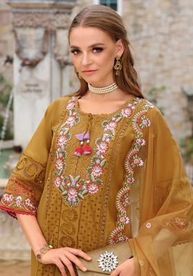 Mustard Embroidery Silk Blend Kurta Set