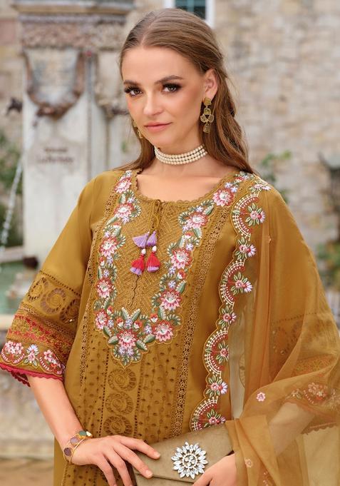 Mustard Embroidery Silk Blend Kurta Set