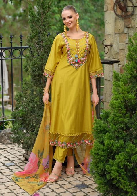 Yellow Embroidery Liva Kurta Set
