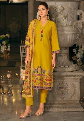 Yellow Embroidery Silk Blend Kurta Set