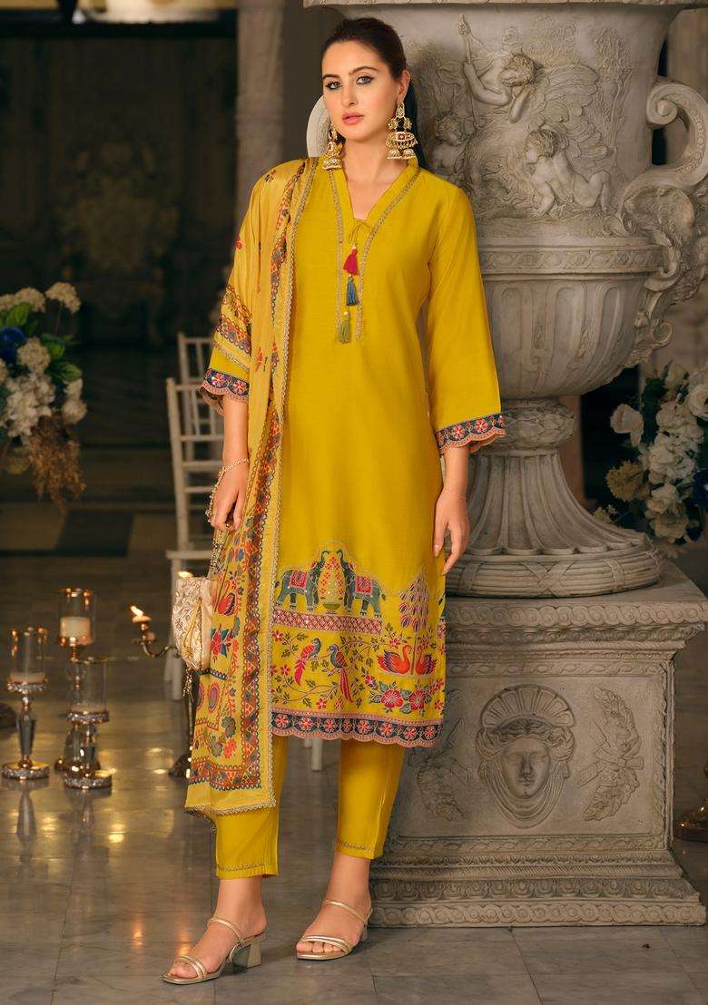 Yellow Printed Blended Pakistani Suit Set - Indya