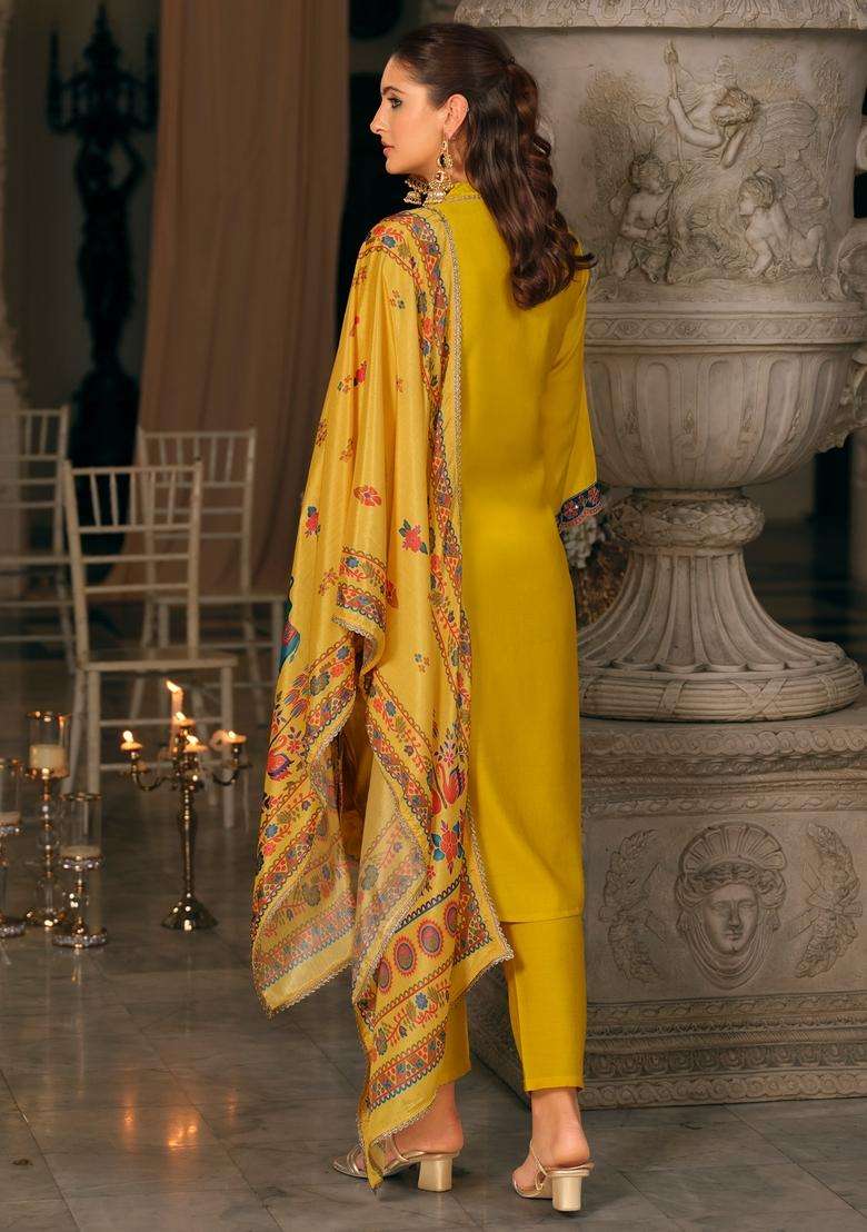 Yellow Printed Blended Pakistani Suit Set - Indya