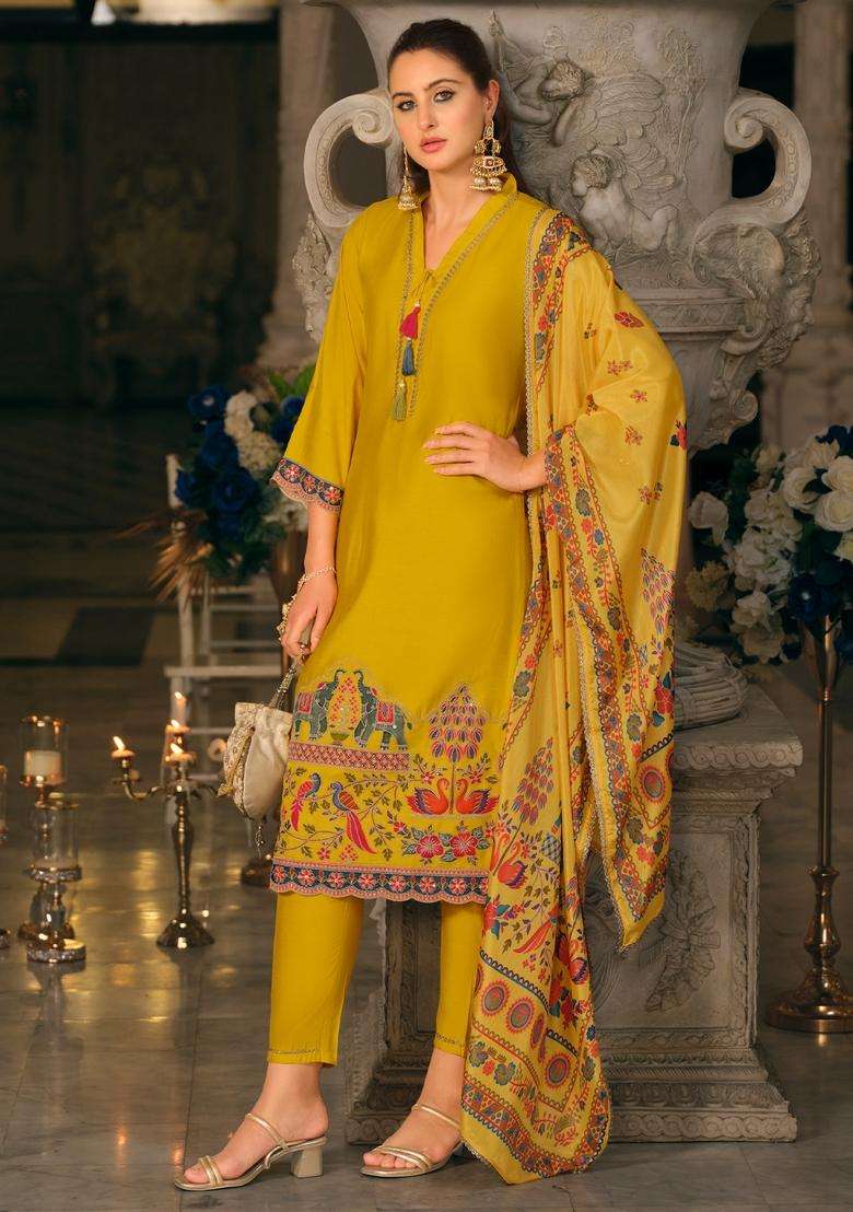 Yellow Printed Blended Pakistani Suit Set - Indya