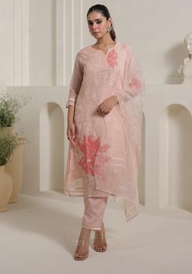 Peach Embroidery Organza Kurta Set