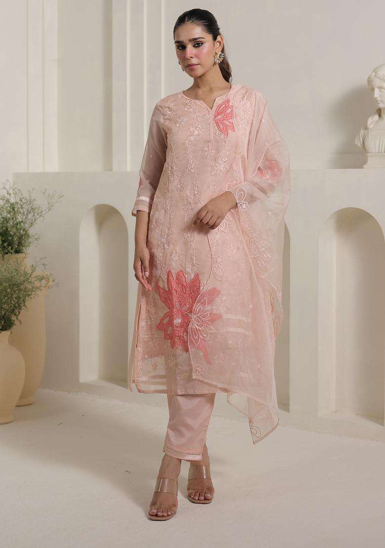 Peach Chikankari Organza Straight Kurta Set - Indya