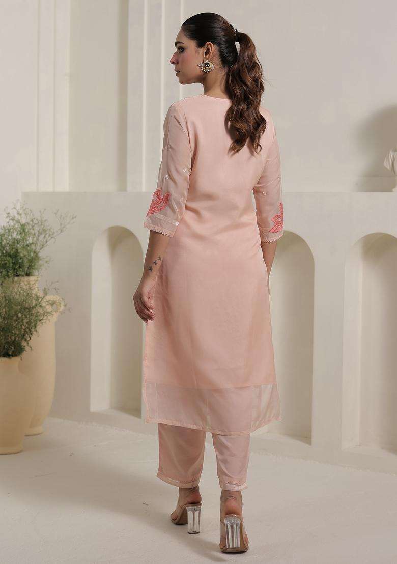 Peach Chikankari Organza Straight Kurta Set - Indya