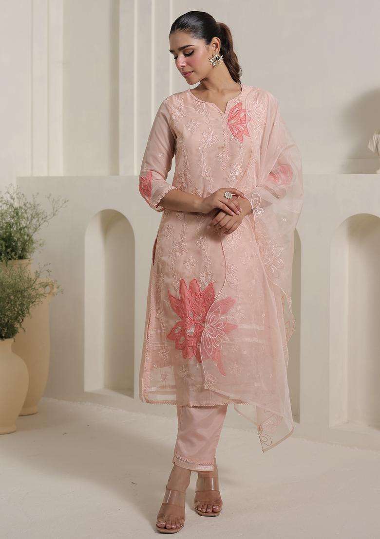 Peach Chikankari Organza Straight Kurta Set - Indya