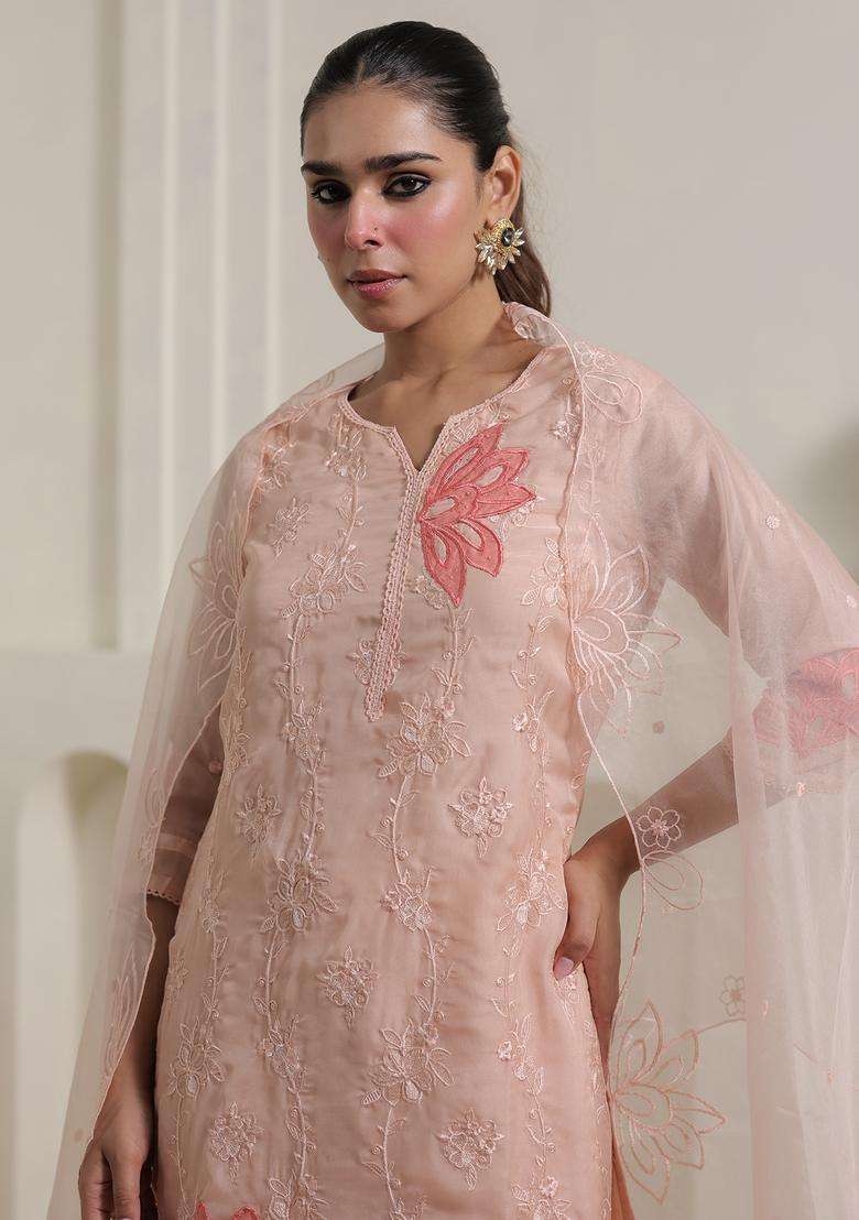 Peach Chikankari Organza Straight Kurta Set - Indya