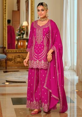 Pink Embroidery Chinnon Kurta Set