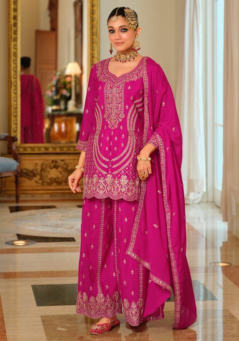 Pink Embroidery Chinnon Kurta Set