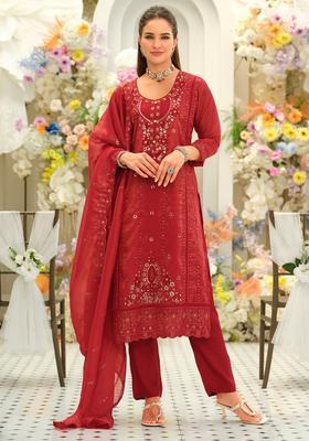Red Embroidery Silk Blend Kurta Set