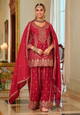 Red Embroidery Chinnon Kurta Set
