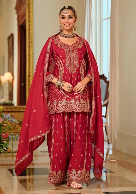Red Embroidery Chinnon Kurta Set
