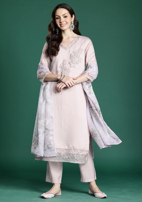 Pink Embroidery Silk Blend Kurta Set