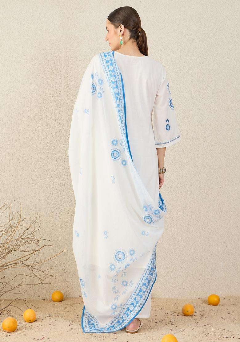 White Chikankari Cotton Straight Kurta Set - Indya