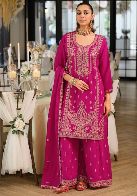 Red Embroidery Chinnon Kurta Set