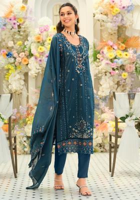 Teal Embroidery Silk Blend Kurta Set