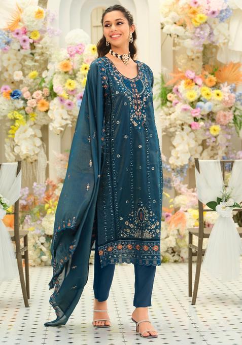 Teal Embroidery Silk Blend Kurta Set