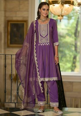 Purple Embroidery Silk Blend Kurta Set