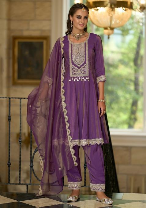 Purple Embroidery Silk Blend Kurta Set