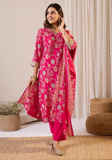 Pink Embroidery Silk Kurta Set