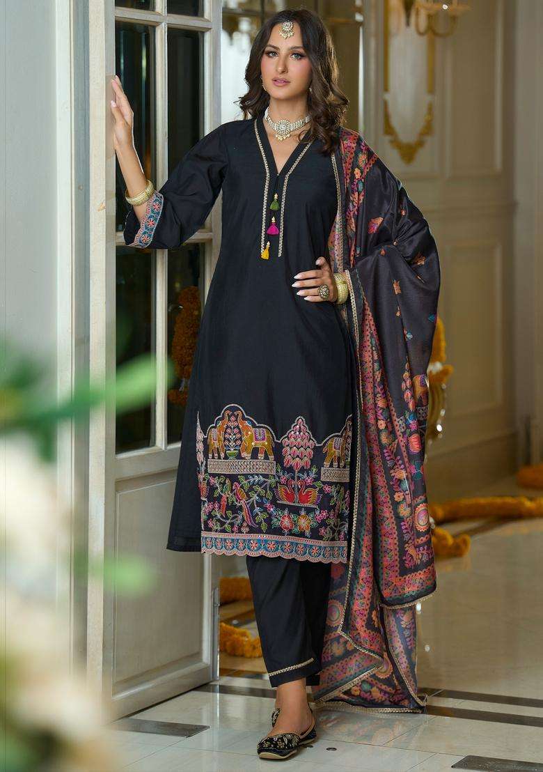 Black Printed Blended Pakistani Suit Set - Indya