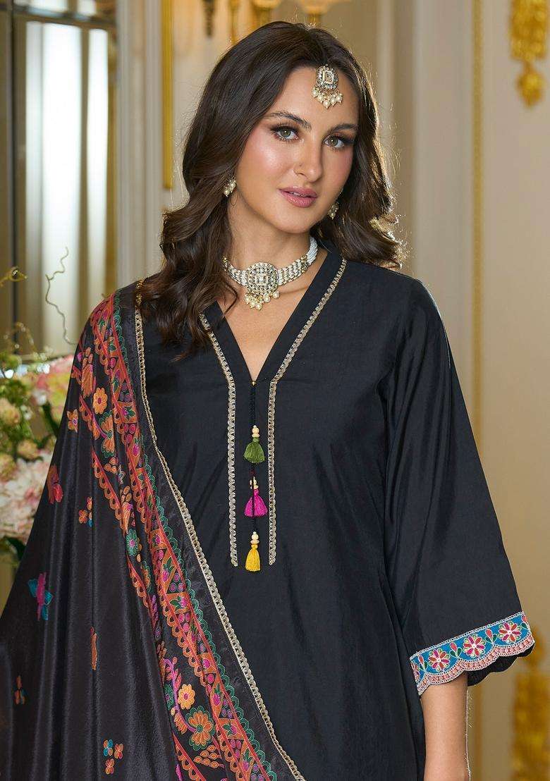Black Printed Blended Pakistani Suit Set - Indya
