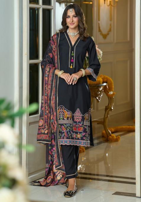 Black Embroidery Silk Blend Kurta Set