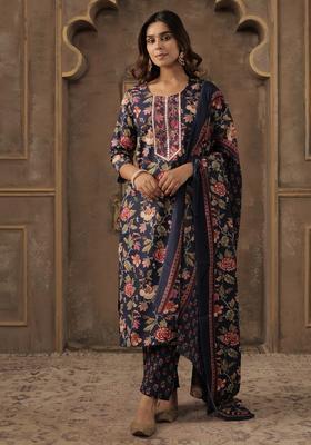 Navy Blue Embroidery Cotton Kurta Set
