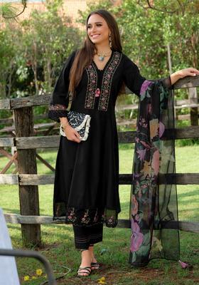 Black Embroidery Cotton Kurta Set