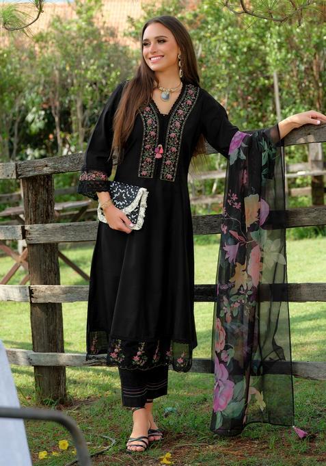 Black Embroidery Cotton Kurta Set