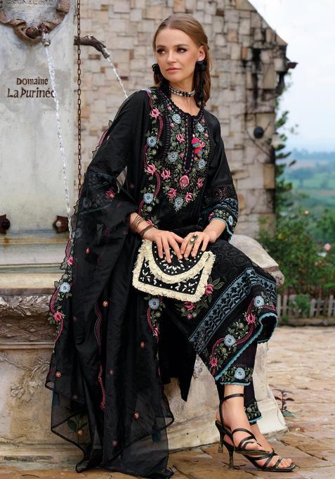 Black Embroidery Silk Blend Kurta Set
