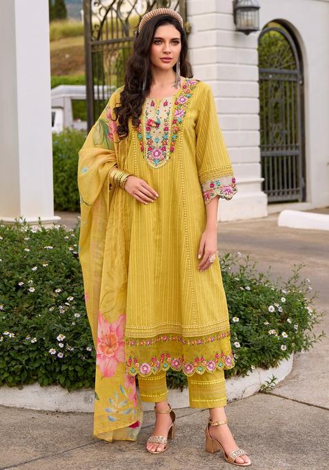 Yellow Embroidery Cotton Kurta Set