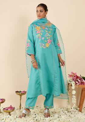Sea Green Embroidery Silk Blend Kurta Set