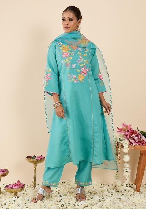 Sea Green Embroidery Silk Blend Kurta Set
