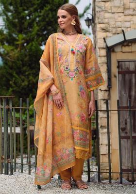 Yellow Embroidery Linen Kurta Set