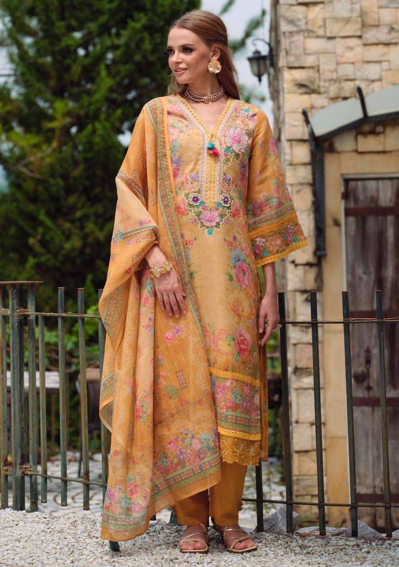 Yellow Printed Linen Pakistani Suit Set - Indya