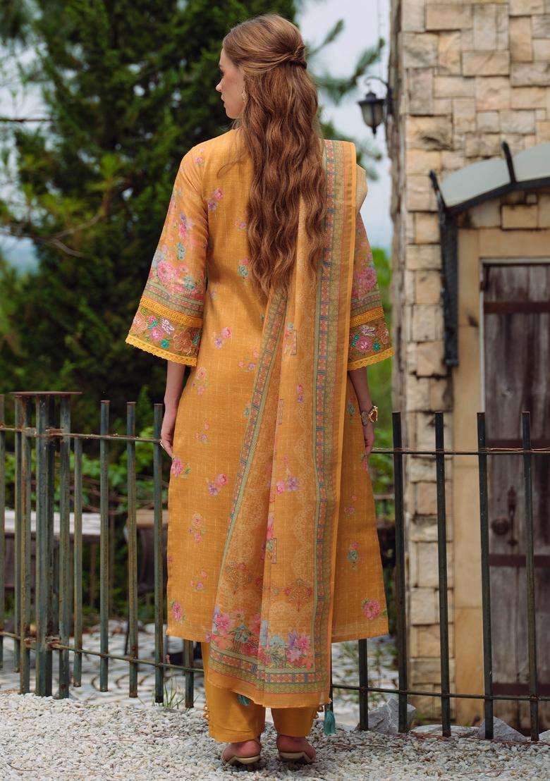 Yellow Printed Linen Pakistani Suit Set - Indya